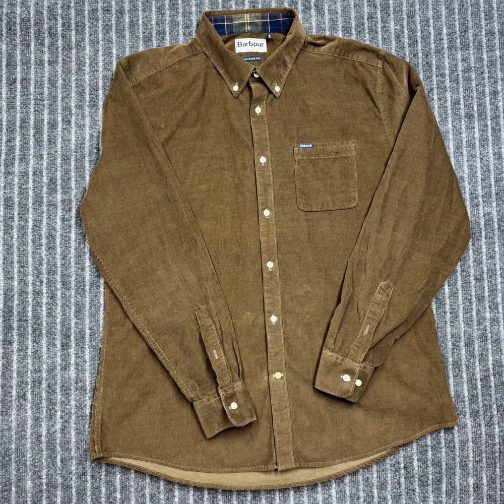 Barbour Mens Tailored Fit Corduroy Shirt Large Brown Long Sleeve Button Down